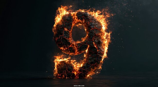 Fiery number nine composed of burning embers and dark rock