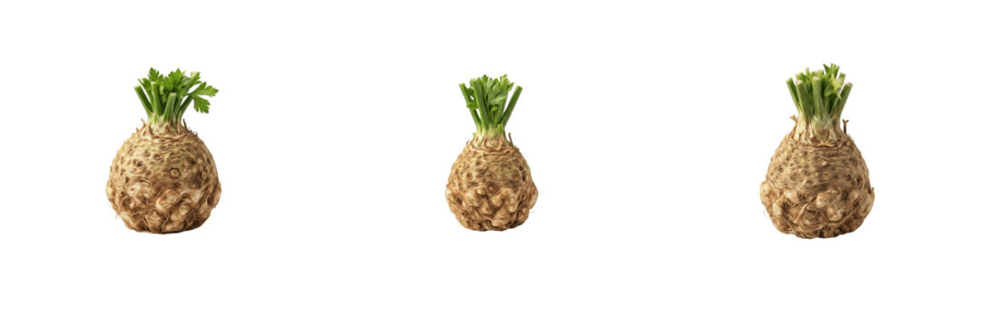Set of fresh celeriac root whole celery root raw vegetable organic food bulb cutout isolated on white transparent background for cooking salad design asset collection