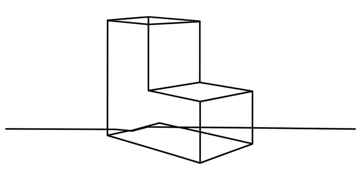 Simple black outline drawing of a geometric l shaped block structure on a flat horizon line Vector, illustration