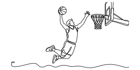Continuous single line drawing of a basketball player jumping to make a slam dunk into the hoop Vector, illustration © Nikhil Ray