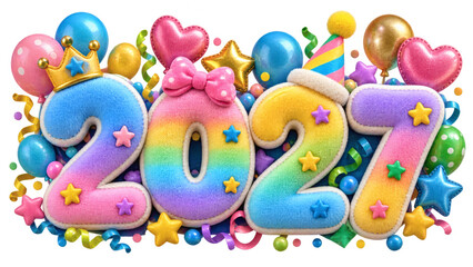 Fototapeta premium 3D Colorful 2027 Typography with Festive Balloons Stars and Party Accessories for Happy New Year Celebration