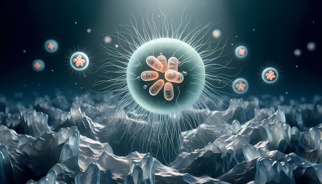 A photorealistic 3D render of stylized prokaryotic cells with perfect textures floating against a sterile dark background like alien crystals, Ai generated image