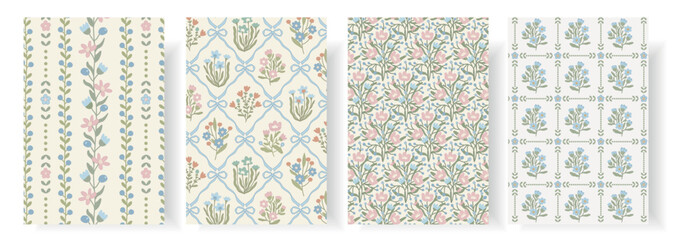 Fototapeta na wymiar Set of four seamless pastel floral patterns with flowers, leaves, berries, bows and decorative frames. Elegant vector collection for textile, wallpaper, wrapping paper, stationery and home decor.