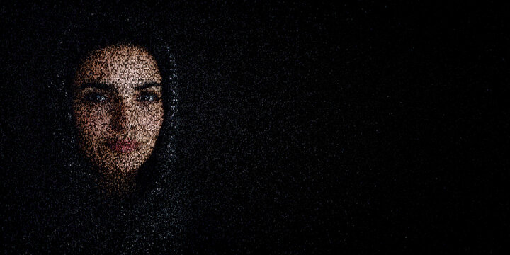 Digital ID Portrait of Middle Eastern Woman with Face made up of Computer code. Credential management Concept with copy-space.