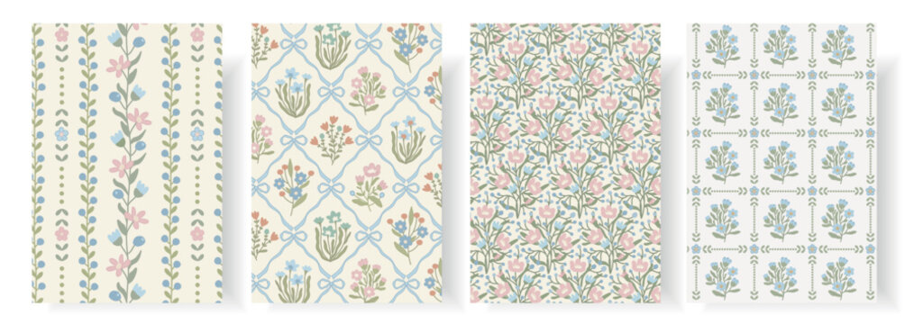 Set of four seamless pastel floral patterns with flowers, leaves, berries, bows and decorative frames. Elegant vector collection for textile, wallpaper, wrapping paper, stationery and home decor.