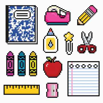 Pixel Art School Supplies Collection, Back to school Cute Educational Stationery Icons