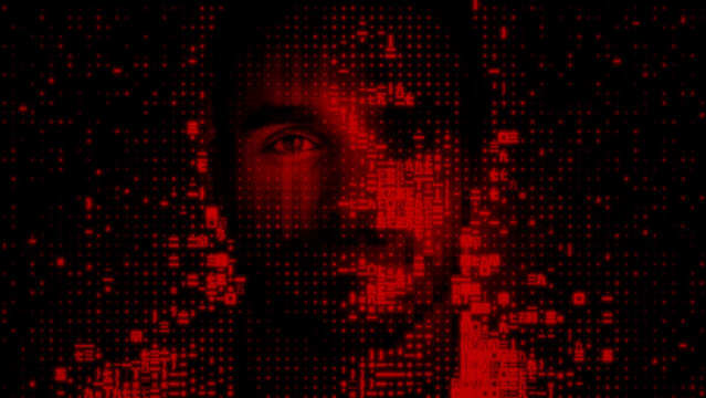 Human Face made of Source Code, illustrating Sock Puppet Account Concept.