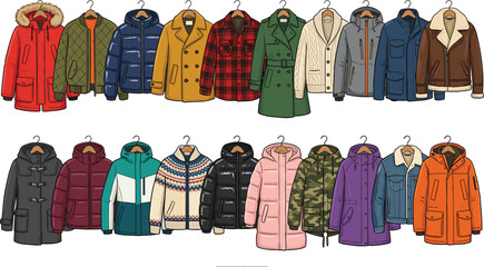 Winter Jacket and Outerwear Vector Illustration Collection on Hangers Featuring Puffer Coats Parkas and Sweaters for Fashion Retail Designs © Hosneara