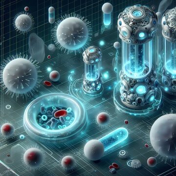 A futuristic infographic vector showing white blood cells as complex nanorobots or vacuum cleaners actively sucking up bacterial cells in a phagocytosis process, Ai generated image