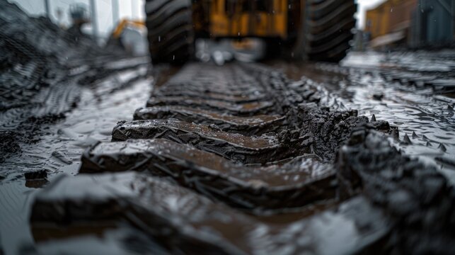 Warehouse forklift tire track in dark mud captured with Canon EOS R5