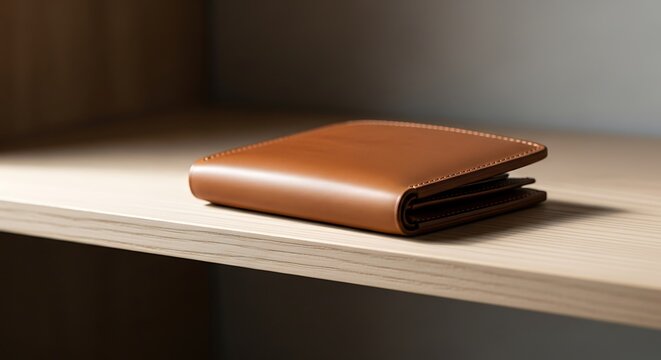 Brown leather wallet resting on a wooden shelf in a minimalist room