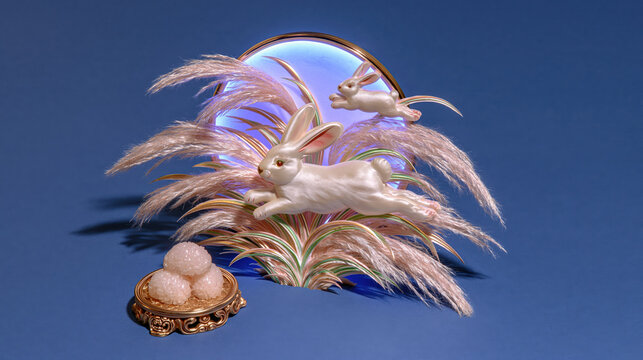 Rabbit figurine with feather decoration, moon ornament, and egg dessert