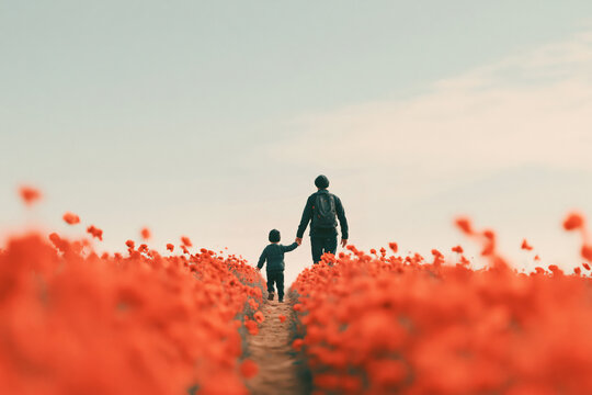 Walking through a field of flowers with a child on a sunny day