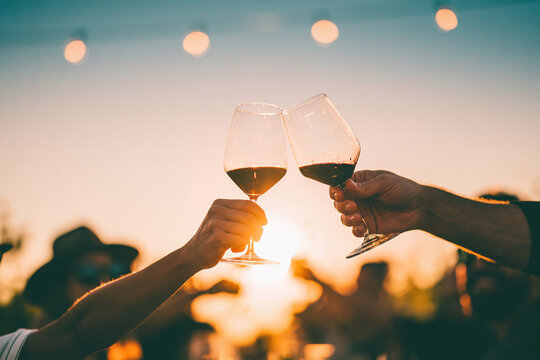 People celebrate during sunset with wine glasses raised in a gathering