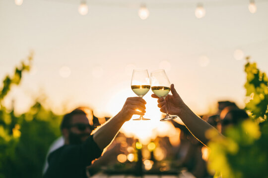 Friends celebrate with glasses of wine during sunset in a vineyard