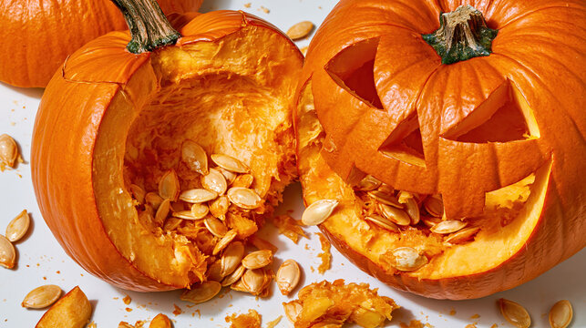 Shattered carved pumpkin scattered across clean white surface with seeds and orange flesh creating Halloween decoration