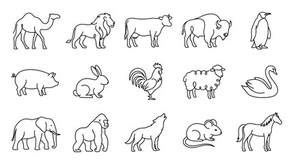 Obraz premium Black outline animal set featuring diverse species for education use.
