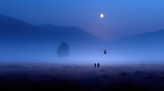 Foggy Night Rendezvous: Helicopter Arrival in Misty Landscape Scene View