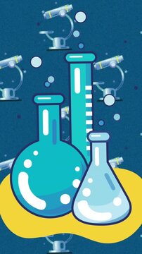 Digital animation of chemistry beakers icons moving against microscope icons on blue background