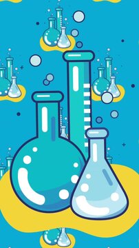 Chemistry beakers icons moving over multiple chemistry beakers icons against blue background