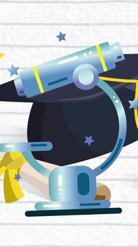 Animation of microscope, certificate and graduation hat on ruled paper background