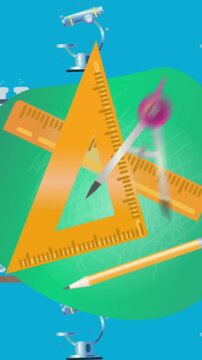 Animation of school geometry items and chemistry icons on blue background