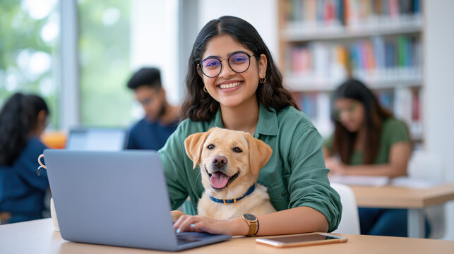 Smiling university student with guide dog studying in bright library setting