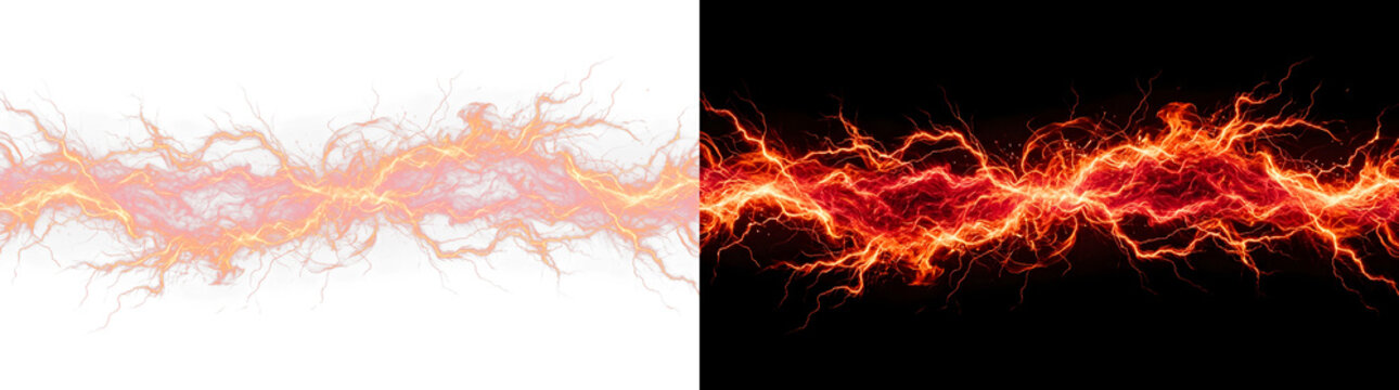 Intense glowing lightning bolt strike with vibrant orange and red energy streaks across a horizontal plane on transparent background