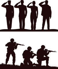 Obraz premium Military soldiers salute and combat squad vector silhouette set, army troopers infantry squad tactical weapon collection