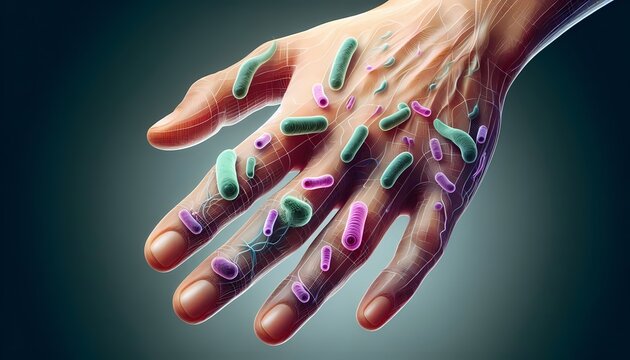 A realistic illustration of a human hand overlaid with purple and green outlines of bacteria concentrated in high-risk areas: under fingernails, between fingers, and on palms, Ai generated image