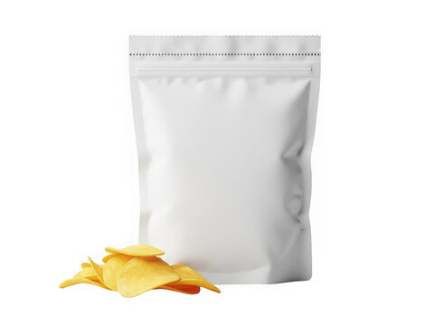 Blank white snack pouch bag with golden potato chips isolated on transparent background