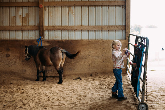 Child Organizing Pony Grooming Supplies