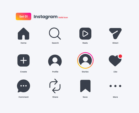 Instagram Solid Icons Set Social Media Navigation Elements