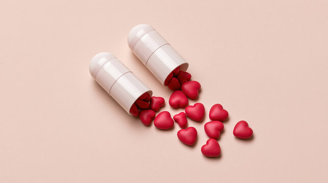 White capsule spilling red heart pill on pink background