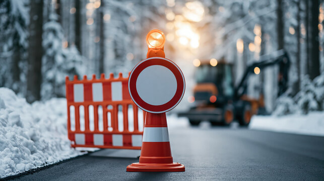 Winter road work zone with orange traffic barrier, warning beacon, and circular sign beside snowy forest road