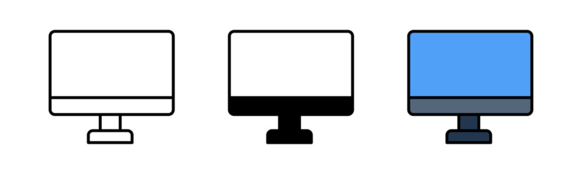 Computer Screen Icon - Outline Stroke, Glyph Black Fill and Color Fill with Stroke Vector Isolated on White Background