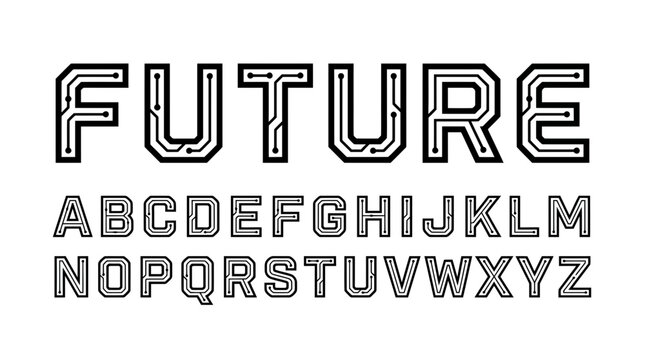 Circuit board technology alphabet font with futuristic letters and numbers