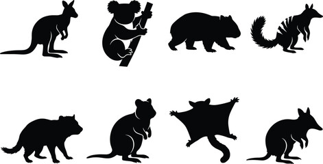 Fototapeta premium Australian Marsupial Animal Silhouette Collection with Kangaroo Koala Wombat Tasmanian Devil and Possum Set