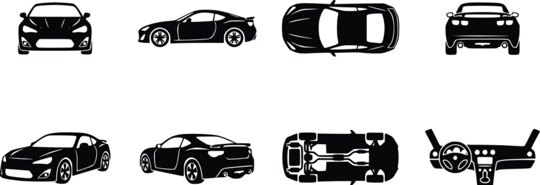 black and white car silhouettes in various views for design