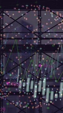Animation of data processing over scaffolding against spinning globe and cityscape