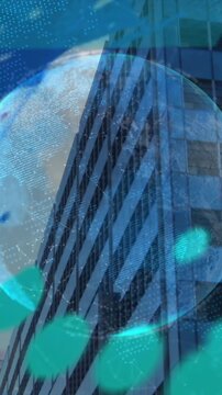 Animation of data processing over spinning globe and world map against tall building