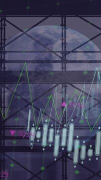 Animation of data processing over scaffolding against globe and cityscape
