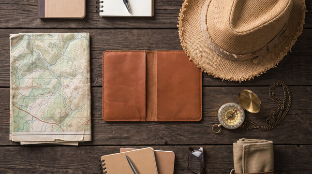 Open blank leather passport cover with vintage travel accessories on wooden table
