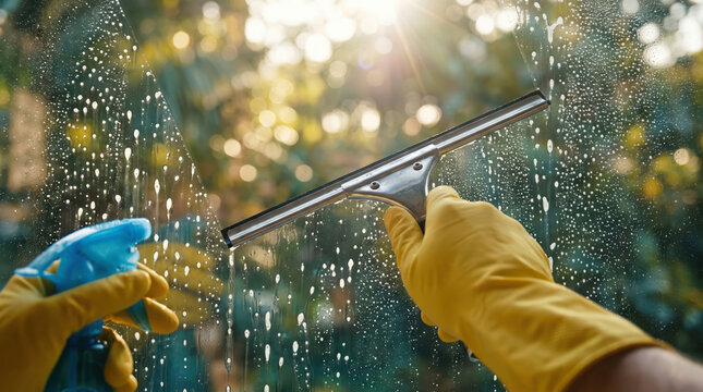 Gloved hands cleaning soapy window glass with squeegee and spray bottle