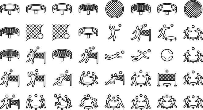 Spikeball Game Set Icon Set &ndash; Outline Style. Original trending sports icon collection covering roundnet game, backyard net game, beach sport set, trampoline ball game, and more. Editable, transparent 
