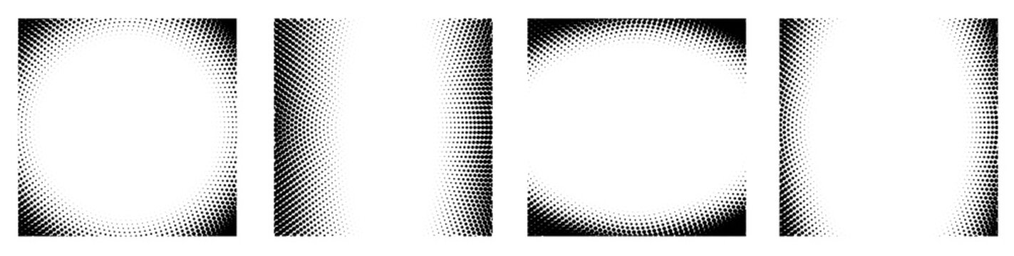 Set of monochrome vignette gradient border with circular halftone dots. Realistic transparent square overlay, explosion ripple dots gradation pattern