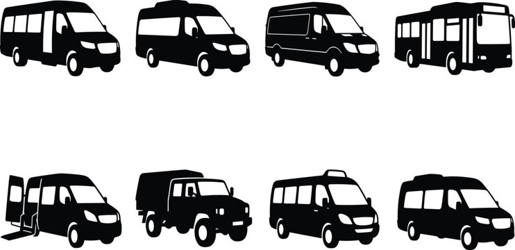 Commercial Transport Vehicle Silhouette Collection with Vans Buses Shuttle and Utility Trucks