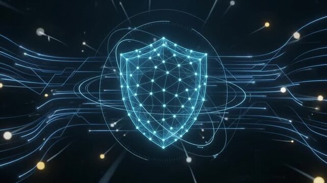 Digital shield icon with glowing circuit board lines representing cybersecurity and data protection technology on dark background