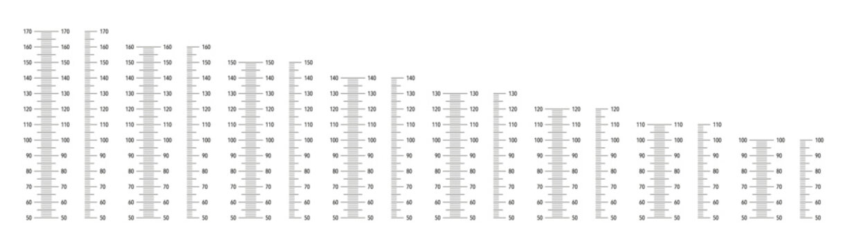 Template for kids wall growth 100, 110, 120, 130, 140, 150, 160 and 170 cm stickers isolated. Height chart from 50 cm to 170 centimeters. Meter wall or growth ruler.