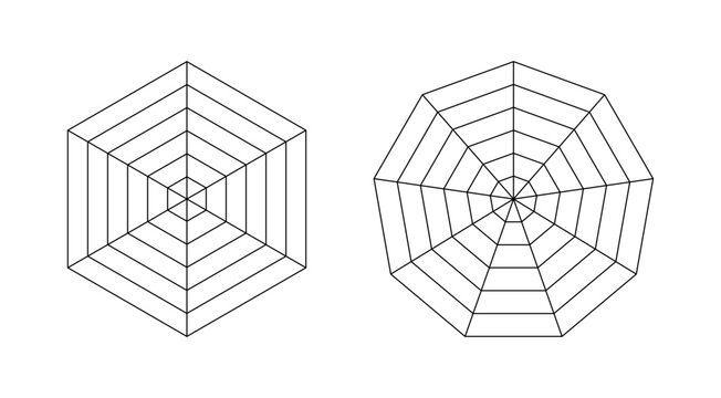 Diagram for statistic, analytics. Blank radar chart, eight and five equal parts. Spider, radar diagram. Hexagon and nonagon graphs templates. Spider mesh. Flat grid 6 and 9 segments. Coaching tool